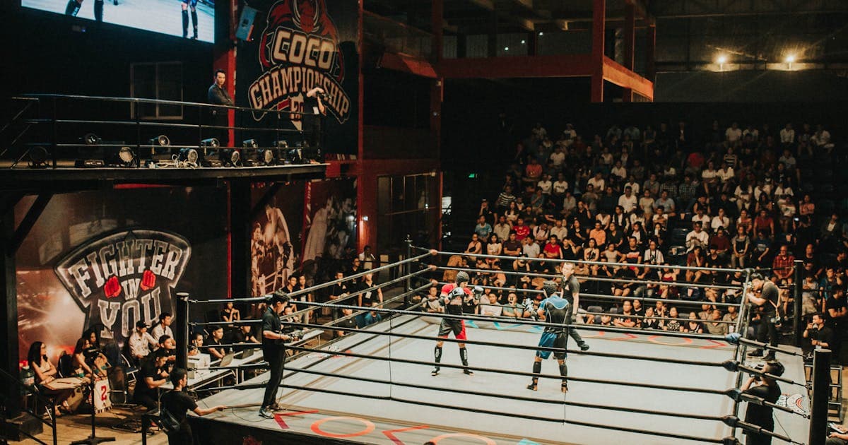 Spectators watching a competitive event in a packed arena