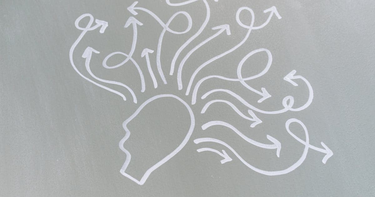 Chalk drawing of a head with thought arrows representing questions and curiosity